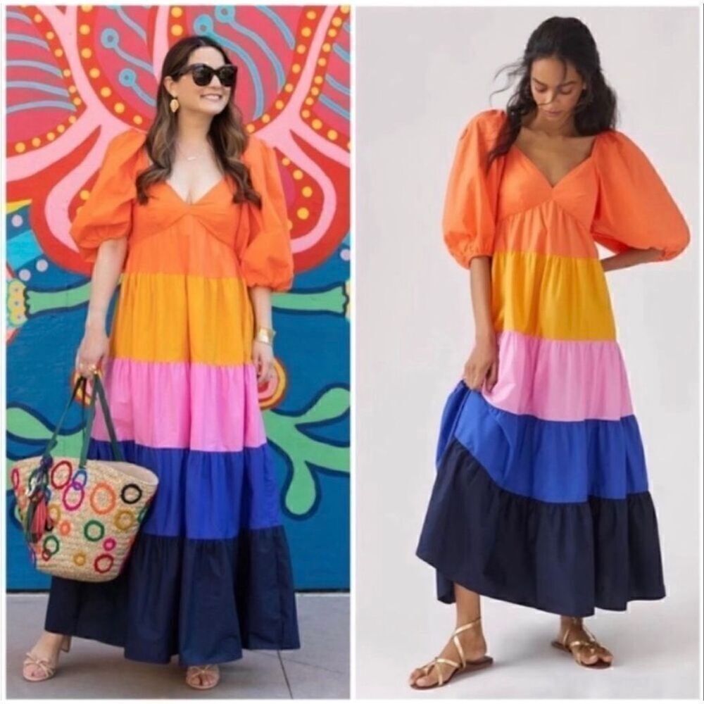 Anthropologie Farm Rio Size S Puff Sleeve Tiered Maxi Dress Colorblock Stripe - Picture 2 of 15